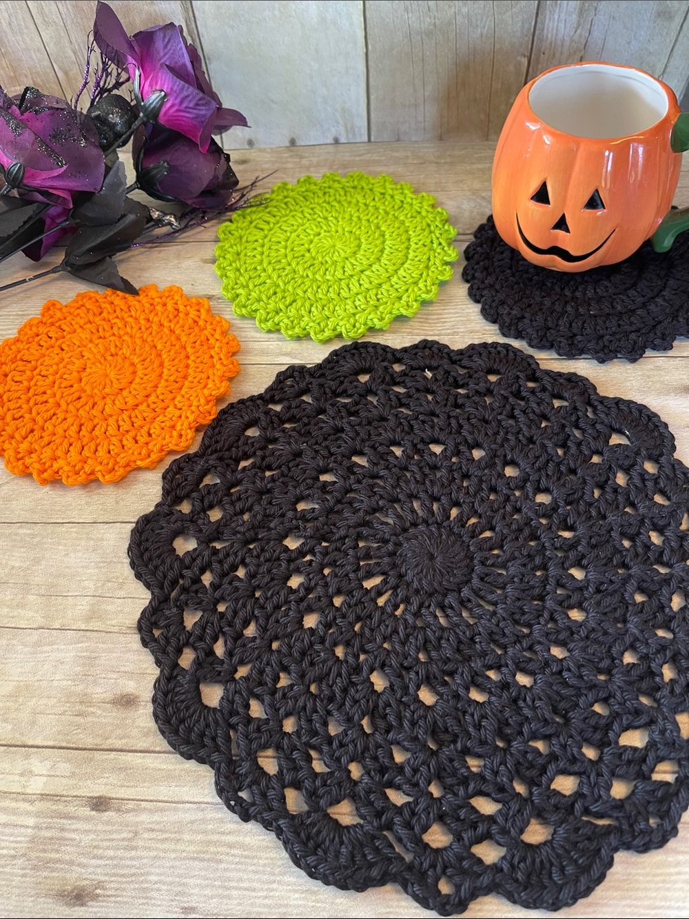 Bundle of 4 Crochet Doily 10 1/2 Inches & 5 1/2 inches Halloween Colors